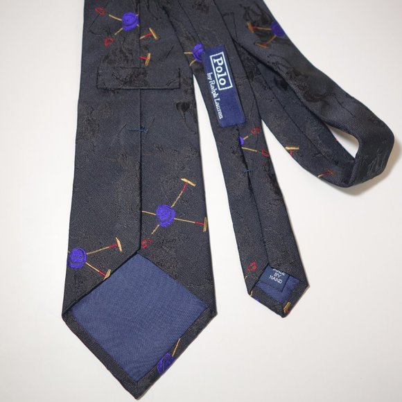Vtg Ralph Lauren Embroidered Black On Black Equestrian Polo Player Tie Made Hand - Picture 5 of 11